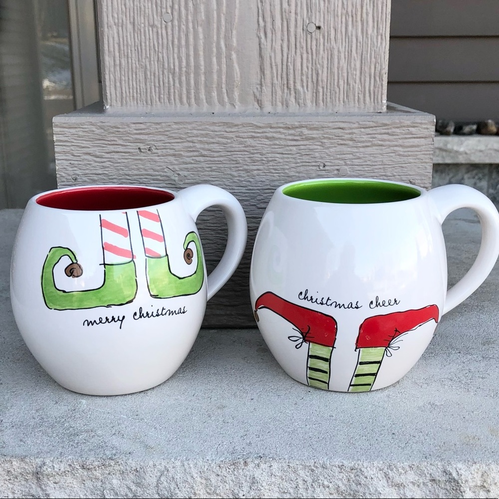 Rae Dunn Christmas mugs, elf feet- Merry Christmas and Christmas Cheer.